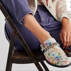 FREE PEOPLE Vida Mules Silver Chain in Ivory Floral Print Women’s US 9.5–10